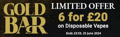 Gold Bar Limited Offer. 6 for £20 on disposable vapes. Ends 23:59 25 June 2024